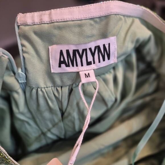 Amylynn Women's Green Metallic Sara Strapless Brocade Ruffle Mini Dress NEW - Picture 12 of 16